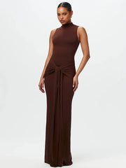 Mock neck sleeveless maxi dress with front knot detail in brown