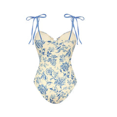 Blue Floral Print Swimsuit and Skirt Beachwear Set