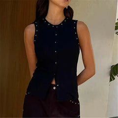 Black studded ribbed knit sleeveless top with button front
