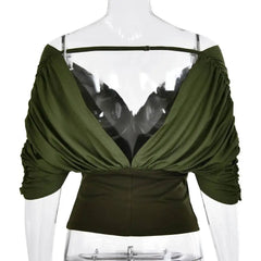 Green Off Shoulder Gathered Open Back Top