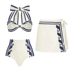 Striped Halter Bow Bikini Top and High-Waisted Shorts Set