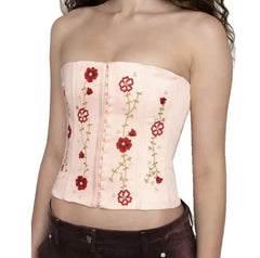 Pink Embroidery Flower Pearl Corset Back Cross Lace-up Tube Top
