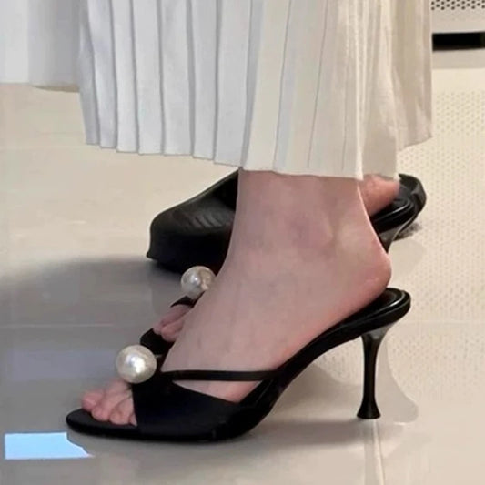 Pearl Embellished Heeled Dress Shoes on Foot