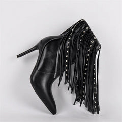 Black pointed toe ankle boots with fringe detail and stiletto heel