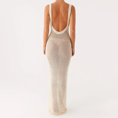 Beige crochet dress on a white background