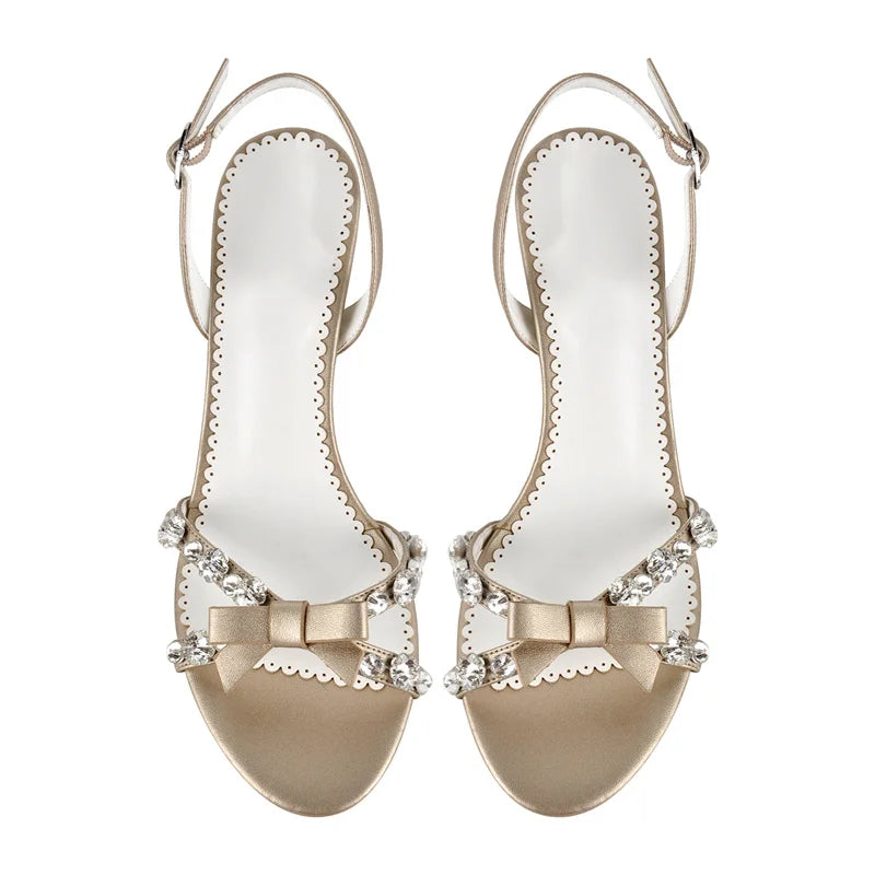 Crystal bow slingback stiletto sandals with open round toe