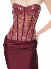 Sequin Strapless Corset Burgundy Maxi Dress