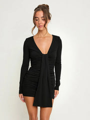 V-Neck Long Sleeve Ruched Drape Mini Dress