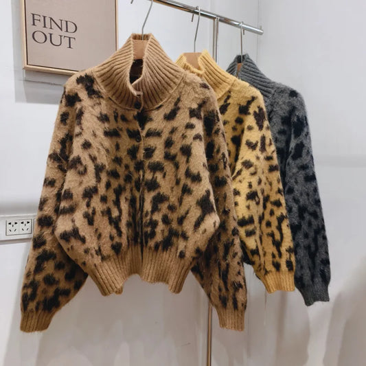Camel leopard print turtleneck coat