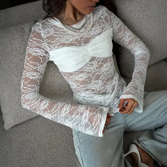 Lace Flare Sleeve Sheer Long Sleeve Top
