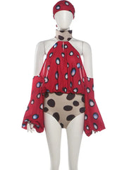 Print Mesh Halter Cut Off Shoulder Bodysuit Top With Bandana