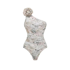 Grey One shoulder Swimsuit and Ruffled Skirt Set