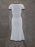 White Pleated Long Skirt and V Neck Crop Top Set