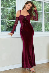 Women's Slash Neck Sling Lace Wine Red Dress