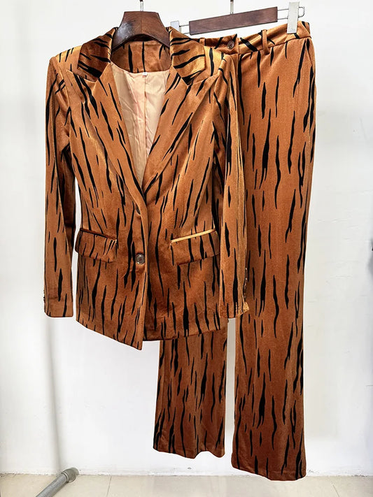 Star Embroidered Feather Trim Blazer and Flare Pant Suit