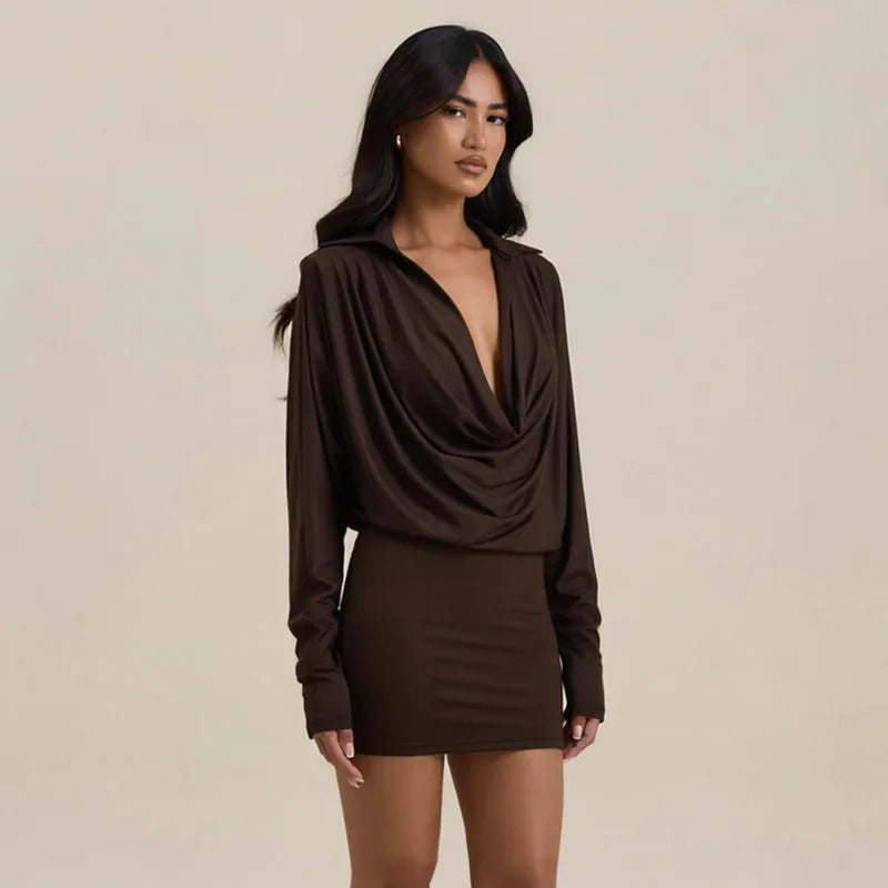 Brown cowl neck long sleeve mini dress detail