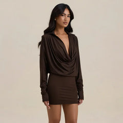 Brown cowl neck long sleeve mini dress detail