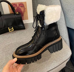 Women Ankle Boots Cowhide and Wool Snow Boots