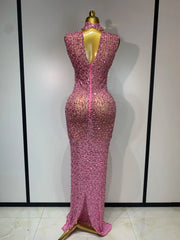 Rhinestone High Neck Sleeveless Dress