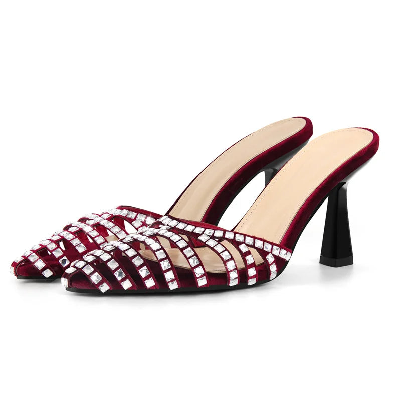 Red velvet rhinestone embellished pointed toe mules