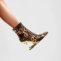 Leopard Print Pointed Toe High Heel Wolf Teeth Short Boots. Golden Atelier 1