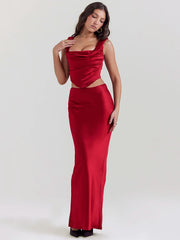 Satin Red Crop Top And Long Skirt Set