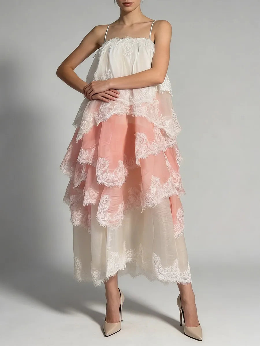 Sleeveless A-line dress with lace trim and color gradient