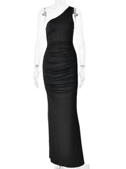 One-Shoulder Ruched Column Maxi Dress
