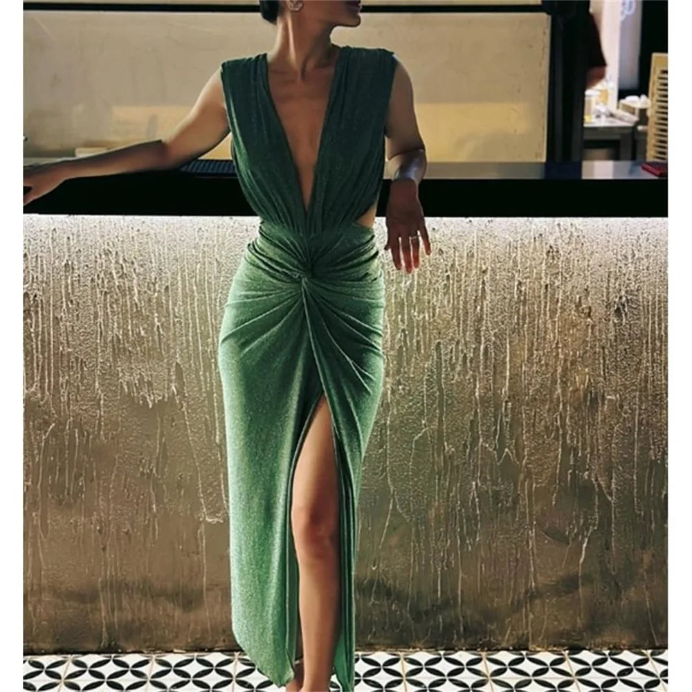 Shimmer halter neck two-piece swimwear styled at a bar
