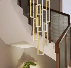 Modern staircase with a decorative chandelier