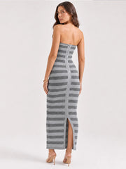 Grey Striped Strapless Maxi Dress