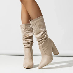 Pleated Square High Heels Ankle Boots