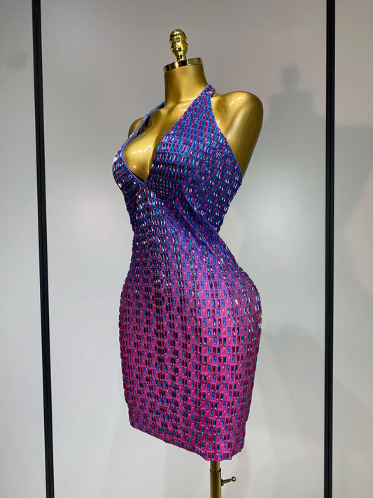 Side view of halter neck bodycon mini dress with crystal embellishments