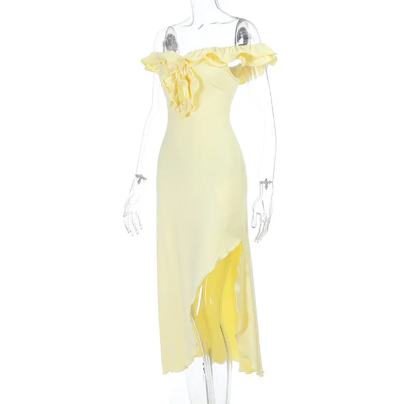 Yellow off-shoulder dress on a mannequin against a white background