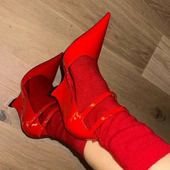 Red Wedges Heels Pointed Toe Buckle Strap Shoes