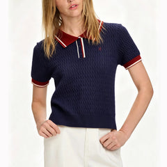 Navy blue ribbed trim knit polo top