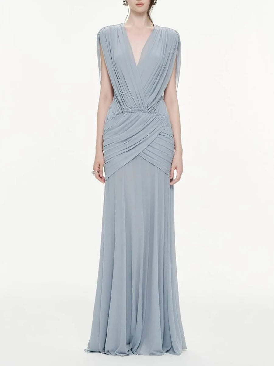 Full body view of V-neck draped maxi dress in light blue