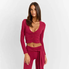 Ruched V-Neck Crop Top and Bandage Capri Pants Set