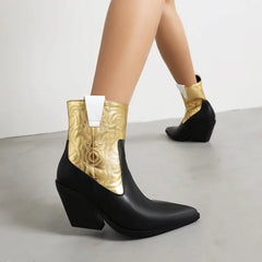 Studded Pointed Toe Block Heel Ankle Boots