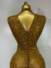 Rhinestone High Neck Sleeveless Dress