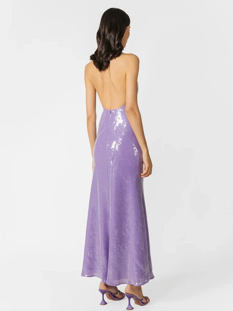Lavender Sequin Sleeveless Open Back Button Ankle Length Dress