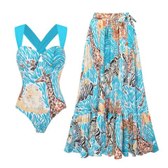 Print Halter Neck One-Piece Swimsuit with Tiered Maxi Skirt