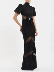 Black puff sleeve maxi dress with mock neck and lace details