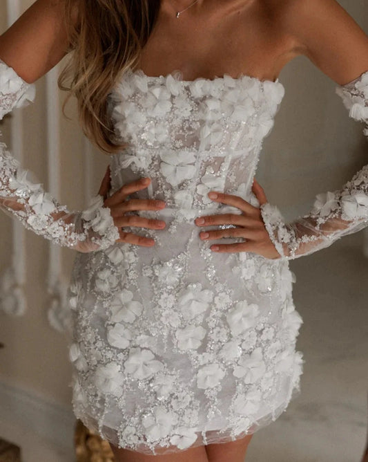 White Flower Lace Embroidery Short Prom Dress With Detachable Sleeves