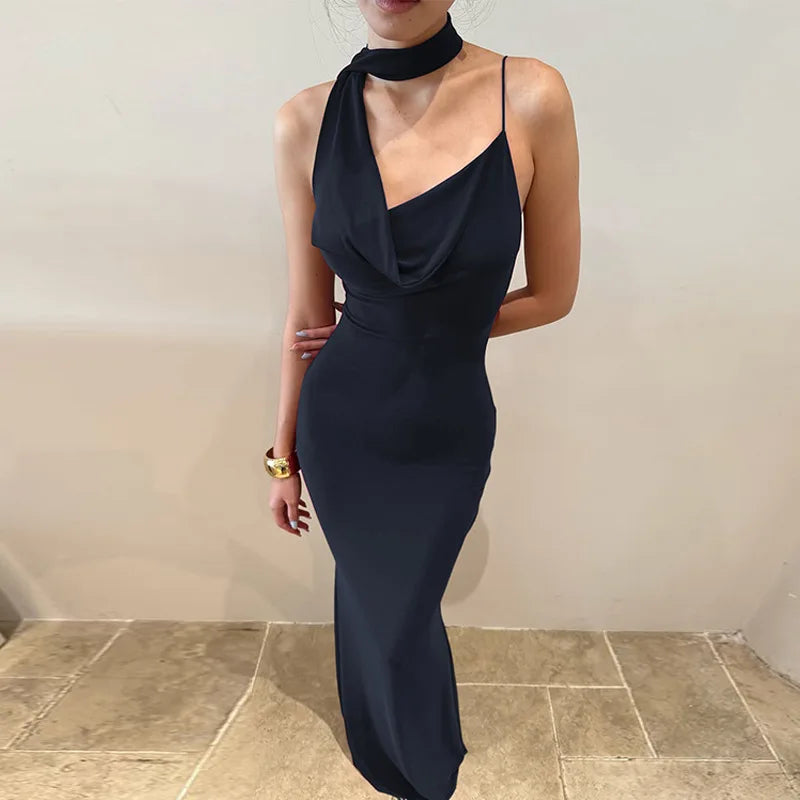 Cowl neck spaghetti strap maxi dress in navy blue