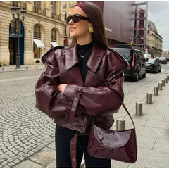 Woman wearing a Braid Lapel Cropped Leather Jacket