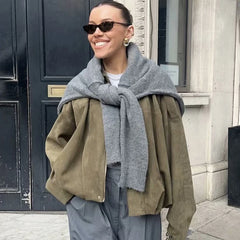 Faux Suede Cropped Bomber Jacket