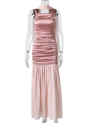 Satin Scarf Neck Ruched Maxi Dress