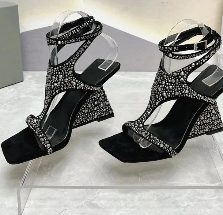 Crystals Rhinestones One Belt Ankle Straps Platform Heeled Shoes