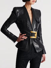 Black leather jacket with a gold belt buckle